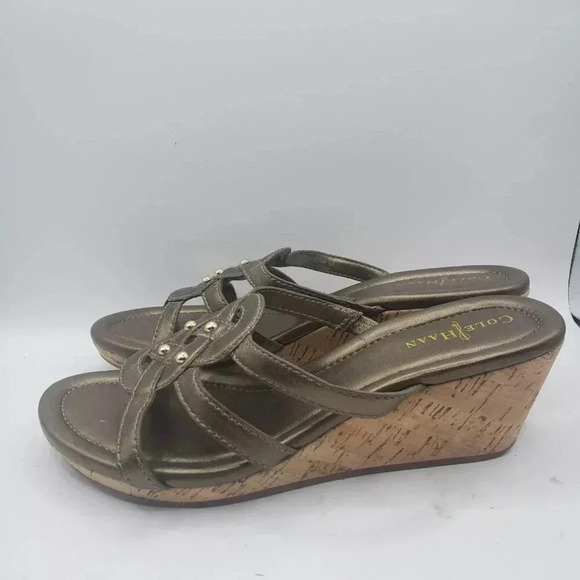 Cole Haan Women's Bronze & Jewel Studded Cork Wedge Sandal, Size 5.5 B D41646 - Picture 3 of 7